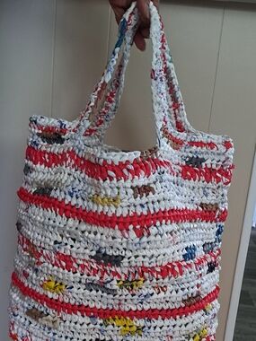 Handmade Crocheted  Multicolor Tote Bag - White & Red New